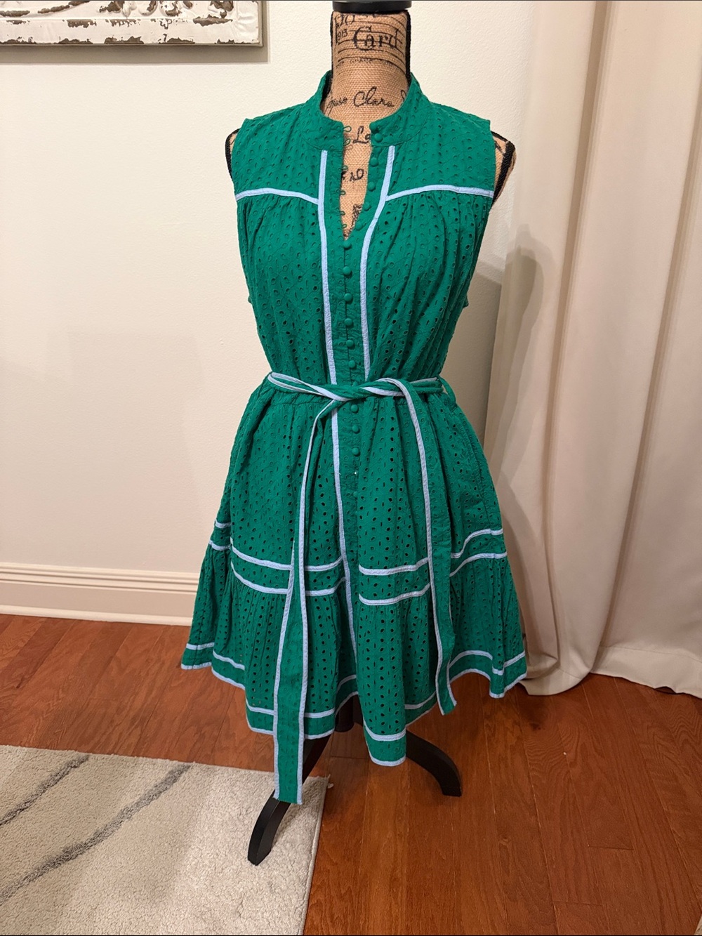 TULANE Sleeveless Green Eyelet Fit-and-Flare Dress with Light Blue Trim L